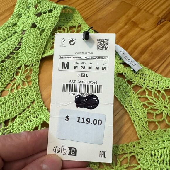 ZARA NWT lime green knit macrame crochet knee midi lined summer dress SIZE M - Picture 7 of 15